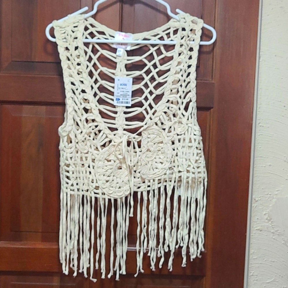 Macrame cream front tie fringe vest